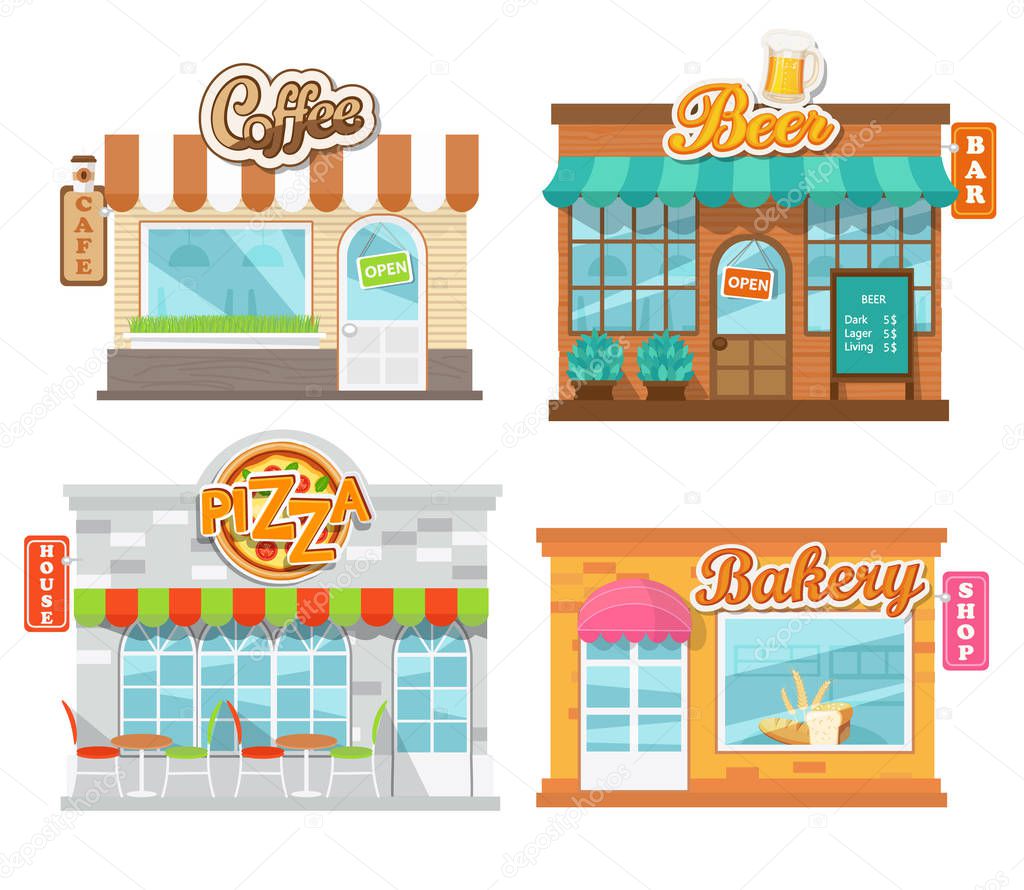 Vector illustration flat cafes and shop: pizza house, beer bar, coffee cafe and bakery shop.