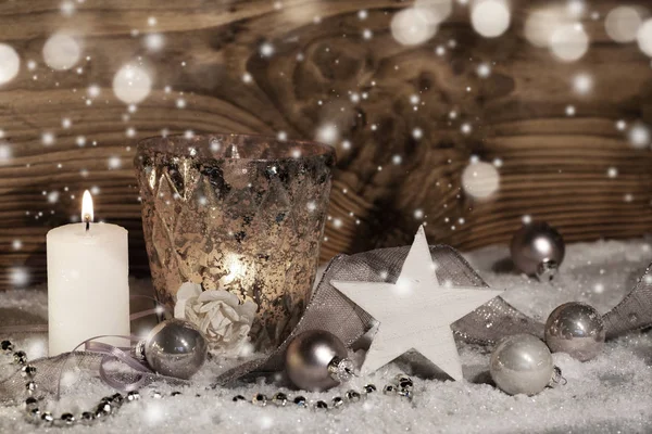Wintery Christmas Still Life Front Wooden Wall Bokeh — Stock Photo, Image