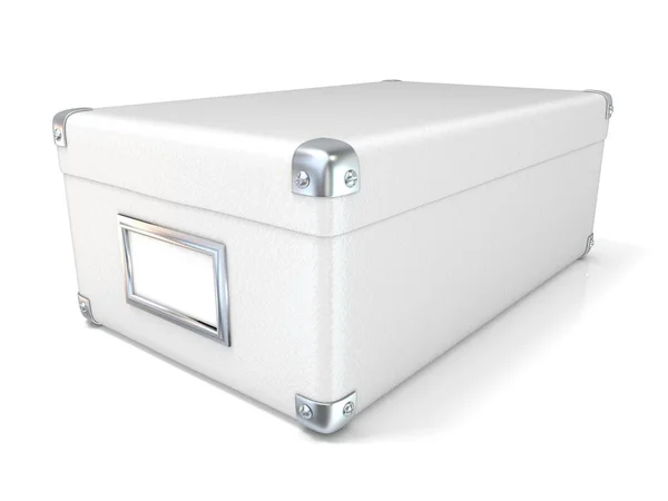 Caja Cerrada Cuero Blanco Con Esquinas Cromadas Etiqueta Blanco Vista — Foto de Stock