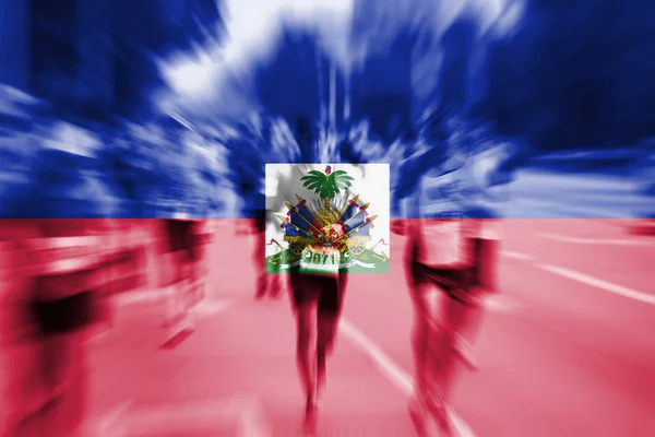 Marathonloper Bewegingsvervaging Mengen Met Haïti Vlag — Stockfoto