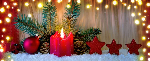 Christmas Background Red Advent Candle Red Stars Christmas Decoration — Stock Photo, Image