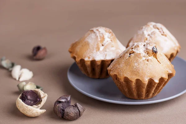 Muffinkuchen Auf Einem Grauen Teller Beige Kaffee Hintergrund — Stockfoto