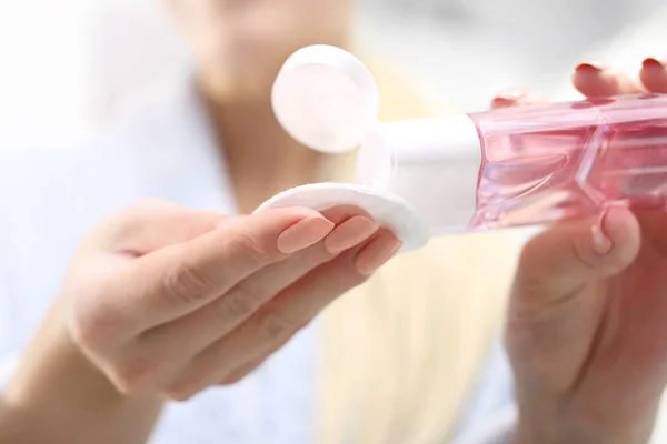 Woman Pours Cosmetic Tonic Cotton Pad — Stock Photo, Image