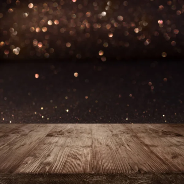 Festive Christmas Background Shimmering Light Bokeh Front Wooden Table — Stock Photo, Image