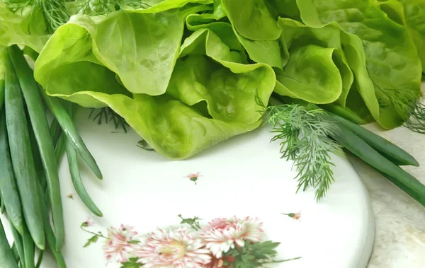 Tafel Keramische Keuken Board Zijn Groenten Een Salade Met Groene — Stockfoto