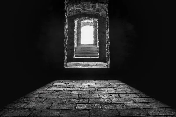 Imagen Blanco Negro Las Escaleras Entrada Desde Sótano Vista Desde Imágenes de stock libres de derechos