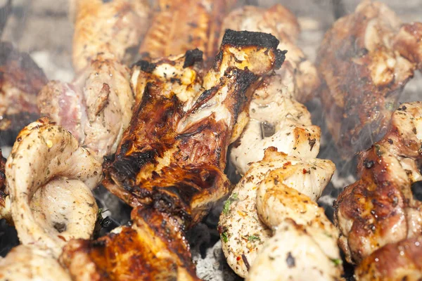 Sfotografowany Kebab Bliska Wykonany Naturze Używane Mięso Wieprzowe Duże — Zdjęcie stockowe