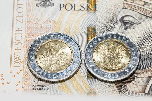 Fotografía Tomada Cerca Que Muestra Moneda Polaca Acostada Papel Moneda — Foto de Stock