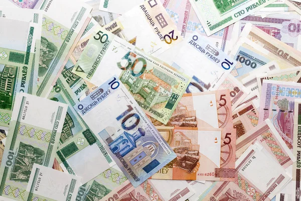 Fotografie Blízka Běloruských Peněz Ležících Velké Hromadě Starých Nových Bankovek — Stock fotografie