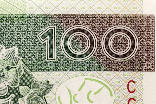 Sfotografował Bliska Nowe Polskie Papierowe Pieniądze Banknoty Sto Złotych — Zdjęcie stockowe