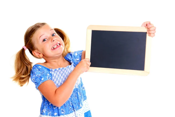 Girl Little Blackboard Front White Background — Stock Photo, Image