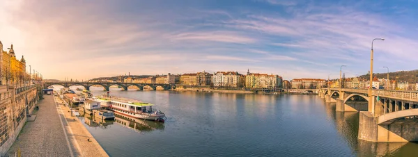 Colorful Panorama Vltava River Its Bridges Buildings Prague City Sunny — Stock Photo, Image