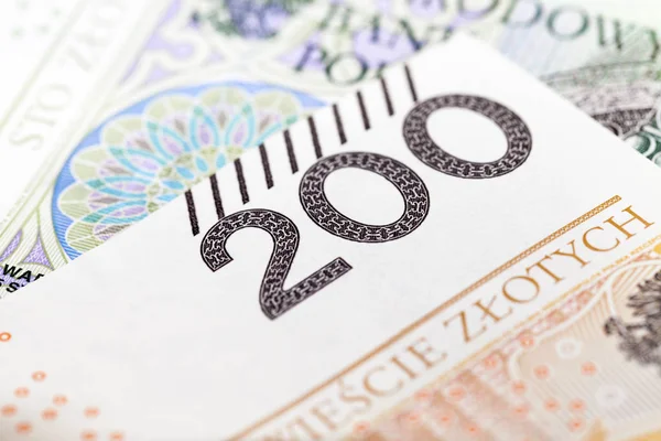 Fotografado Close Novo Dinheiro Papel Polonês Notas Valor Duzentos Zloty — Fotografia de Stock