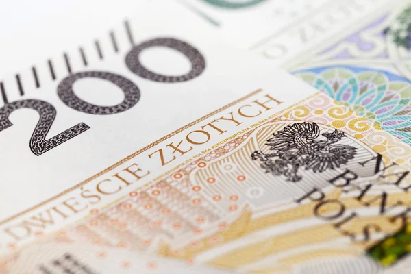 Fotograferade Närbilder Nya Polska Papperspengar Sedlar Värda Tvåhundra Zloty — Stockfoto