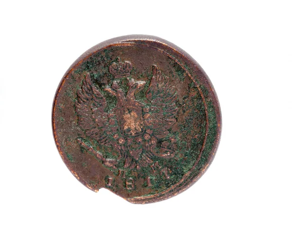 孤立在白色背景上俄罗斯帝国的旧硬币 钱有很多缺陷 生锈和机械损坏 — 图库照片