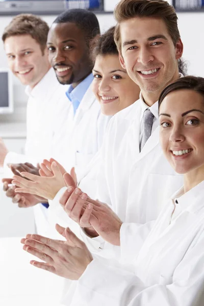 Portrait Technician Colleagues Laboratory Clapping — Stock Photo, Image