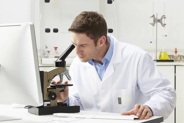 Tudósok Mikroszkóppal Vizsgálják Laboratóriumot — Stock Fotó