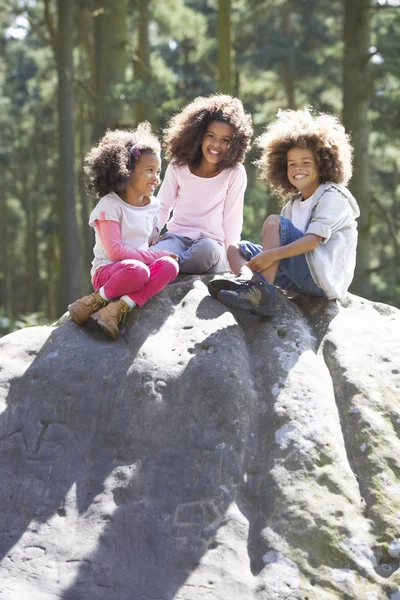 Trois Enfants Grimpant Sur Rocher Campagne — Photo