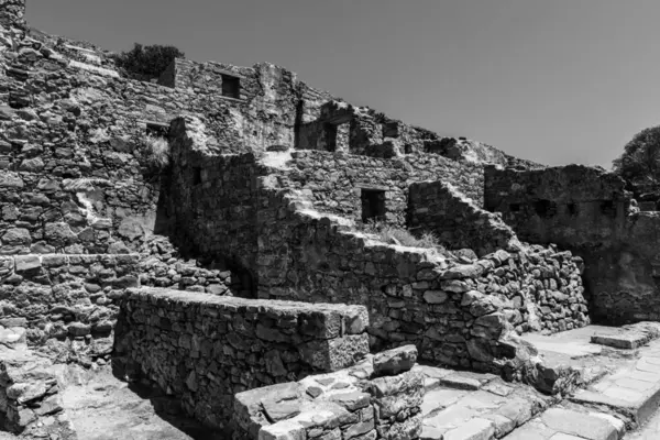 Las Ruinas Fortaleza Veneciana Isla Spinalonga Creta Grecia Blanco Negro — Foto de Stock