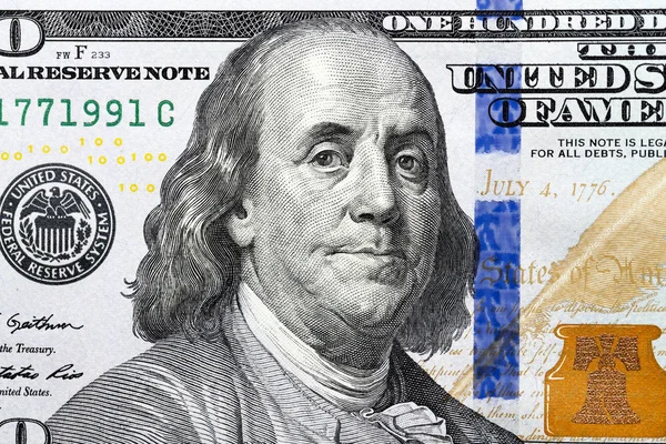 Fotografowane Zbliżenie Amerykański Pieniądz Papierowy Sto Dolarów Nowy Amerykański Bil — Zdjęcie stockowe