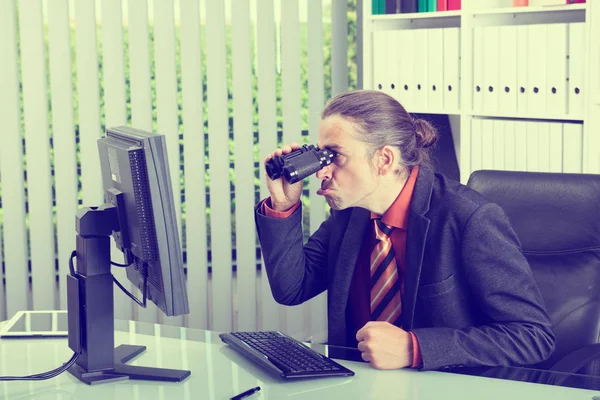 Young Amazed Business Man Looking Binoculars Screen — Stock Photo, Image