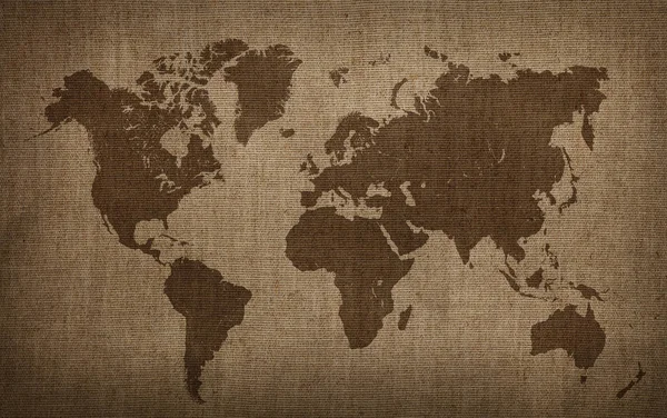 Коричневая Карта Мира Старой Старинной Затемненной Гранж Льняной Льняной Ткани — стоковое фото