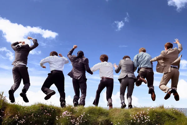 Businessmen Jumping Joy Outdoors — Stock Photo, Image