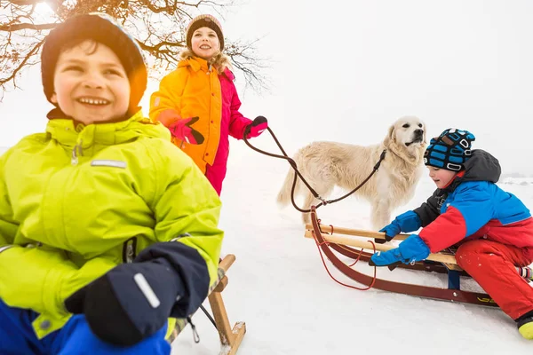 Tre Barn Kälke Snö — Stockfoto