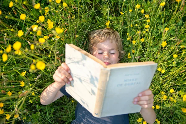 Pojke Liggande Gräs Läsning Bok — Stockfoto