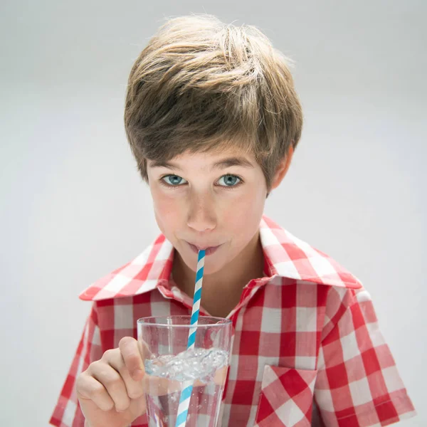 Boy Drinking Water Straw — Stock Photo, Image