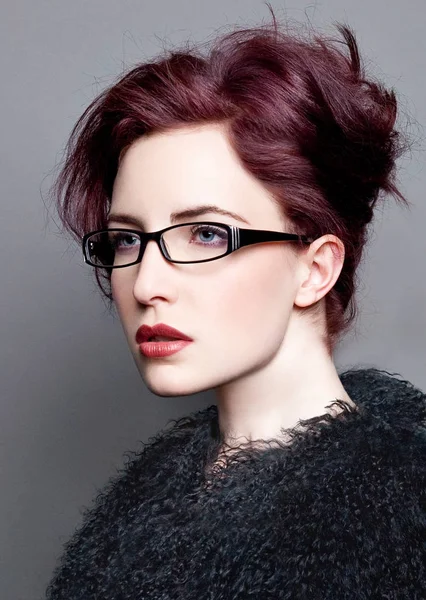 Woman Eyeglasses Fuzzy Coat — Stock Photo, Image