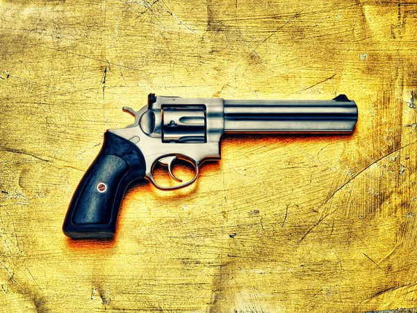 Hand Gun Yellow Background — Stok fotoğraf