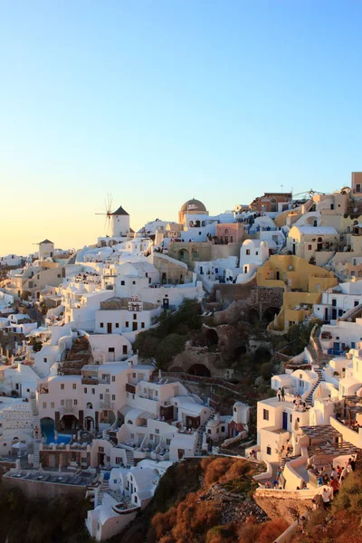 Witgekalkte Gebouwen Bij Zonsondergang Oia Santorini Cycladen Griekenland — Stockfoto