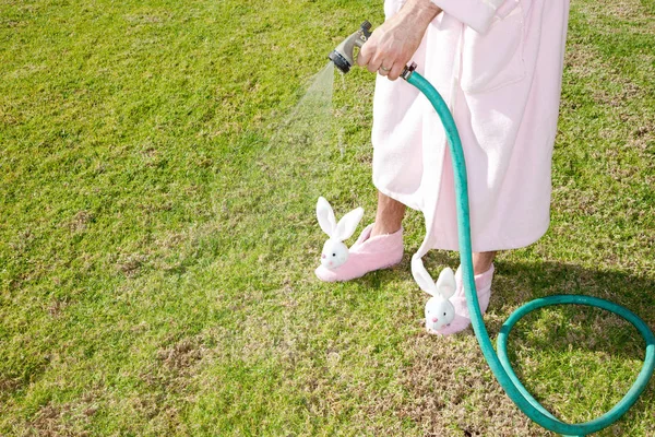 Man Pink Robe Bunny Slippers Watering Lawn — Stock Photo, Image