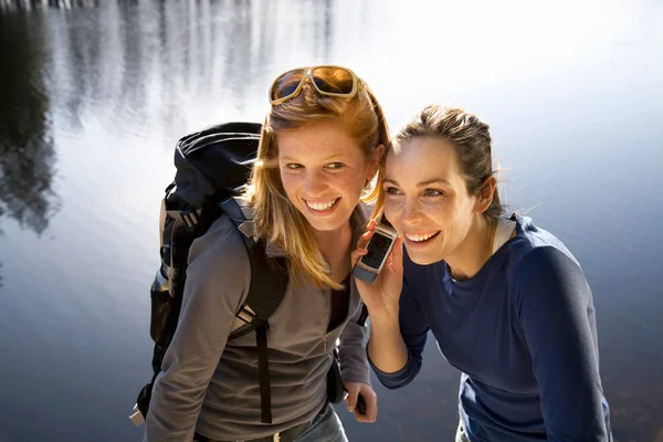 Two Women Outdoors Mobile Phone — Stock Photo, Image