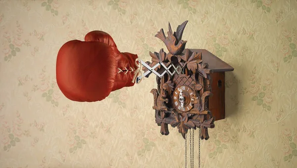 Red Boxing Glove Attached Cuckoo Clock Spring — Stok fotoğraf