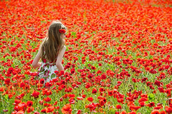 花のフィールドに歩く女の子 — ストック写真