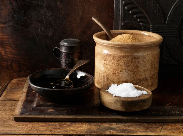 Cukier Brązowy Melasa Sól Morska — Zdjęcie stockowe