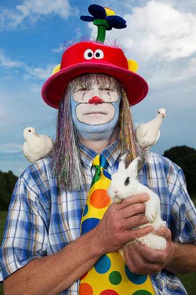 Portret Van Een Clown Met Een Konijn Duiven Schouders — Stockfoto
