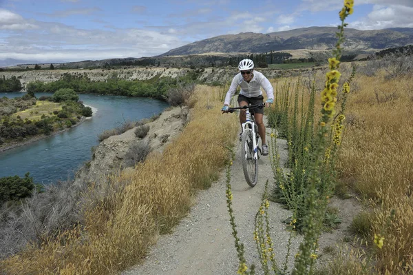 Woman rides a mountain bike on the Clutha River Track near Wanaka, South Island, New Zealand December 2011. The 14 kilometer long trail follows the Clutha River from Albert Town to Cromwell.