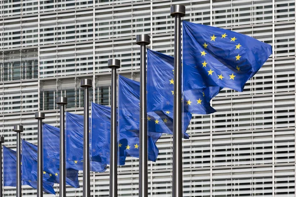 Rândul Steagurilor Europene Afara Clădirii Berlaymont Sediul Comisiei Europene Bruxelles — Fotografie, imagine de stoc