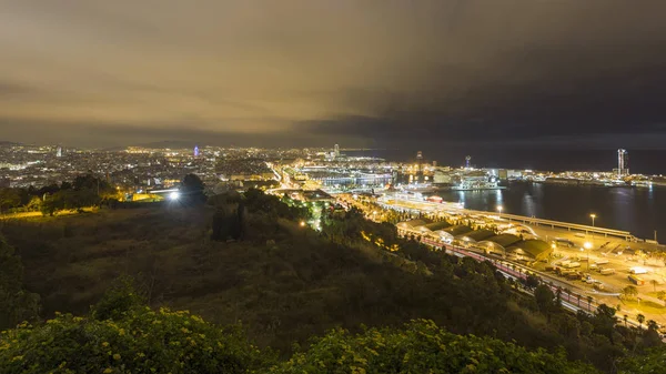 Cityscape Waterfront Night Barcelona Catalonia Spain — стокове фото