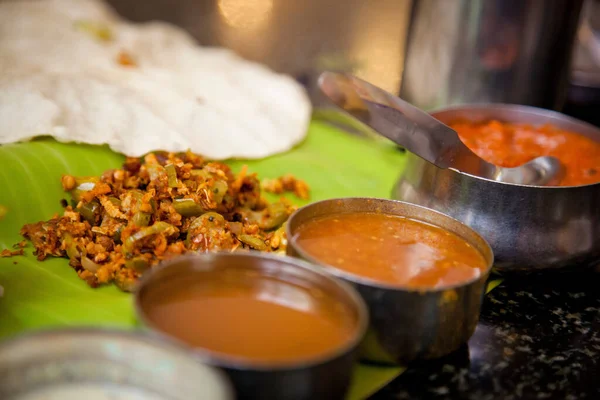 Lokales Curry Mittagessen Einem Kleinen Restaurant Trivandrum Thiruvananthapuram Kerala Indien — Stockfoto