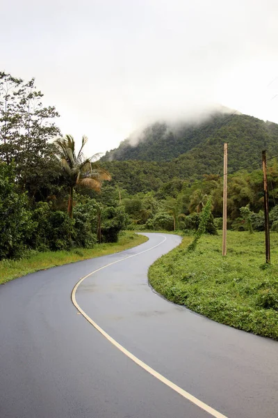 Veduta Della Strada Tortuosa Bassa Nuvola Sulle Montagne Dominica Caraibi — Foto Stock