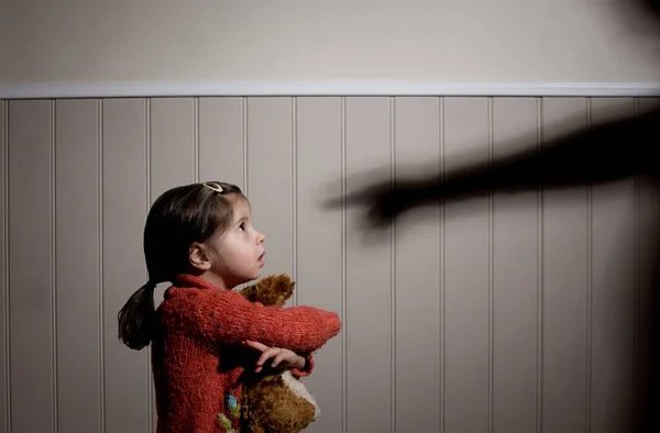 Frightened Little Girl Shadow Adult Hand Pointing Her — Stock Photo, Image