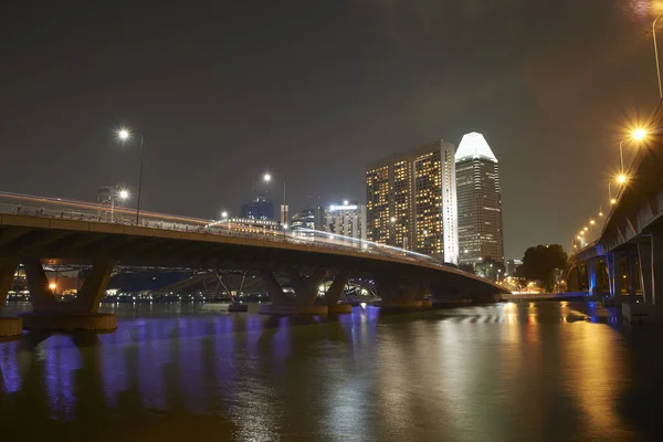 View Bridge Skyscrapers Night Singapore — Stock Photo, Image