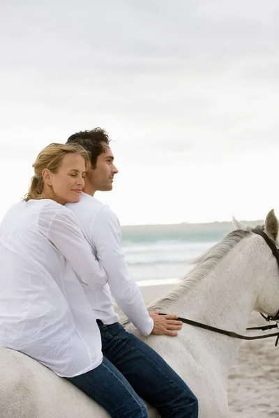 在海滩上和马在一起 — 图库照片