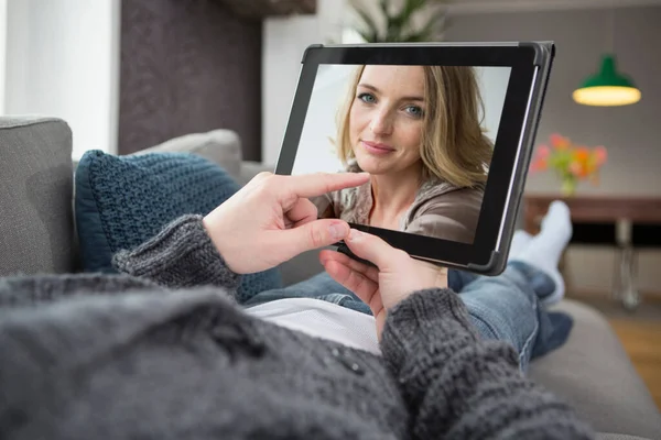 Man Using Digital Tablet Woman Face — Stock Photo, Image