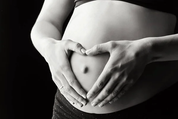 Closeup Woman Holding Hands Heart Shape Her Pregnant Belly — Stock Photo, Image