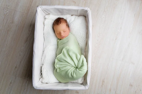 Adorable Newborn Baby Boy Sleeping White Basket Copy Space Horizontal — Stock Photo, Image